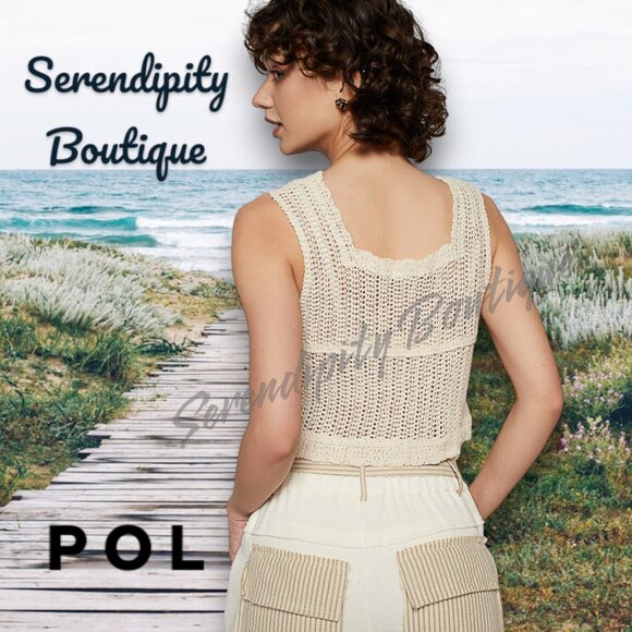 POL Natural Sand Crochet Embroidered Floral Boho Cotton Crop Tank Top - Picture 4 of 9